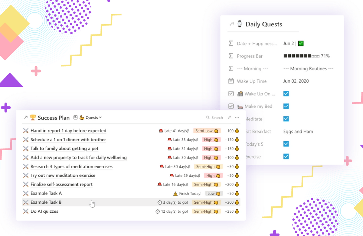 theGamificationProject in Notion: a character sheet with levels, skills, and quests built entirely out of databases.
