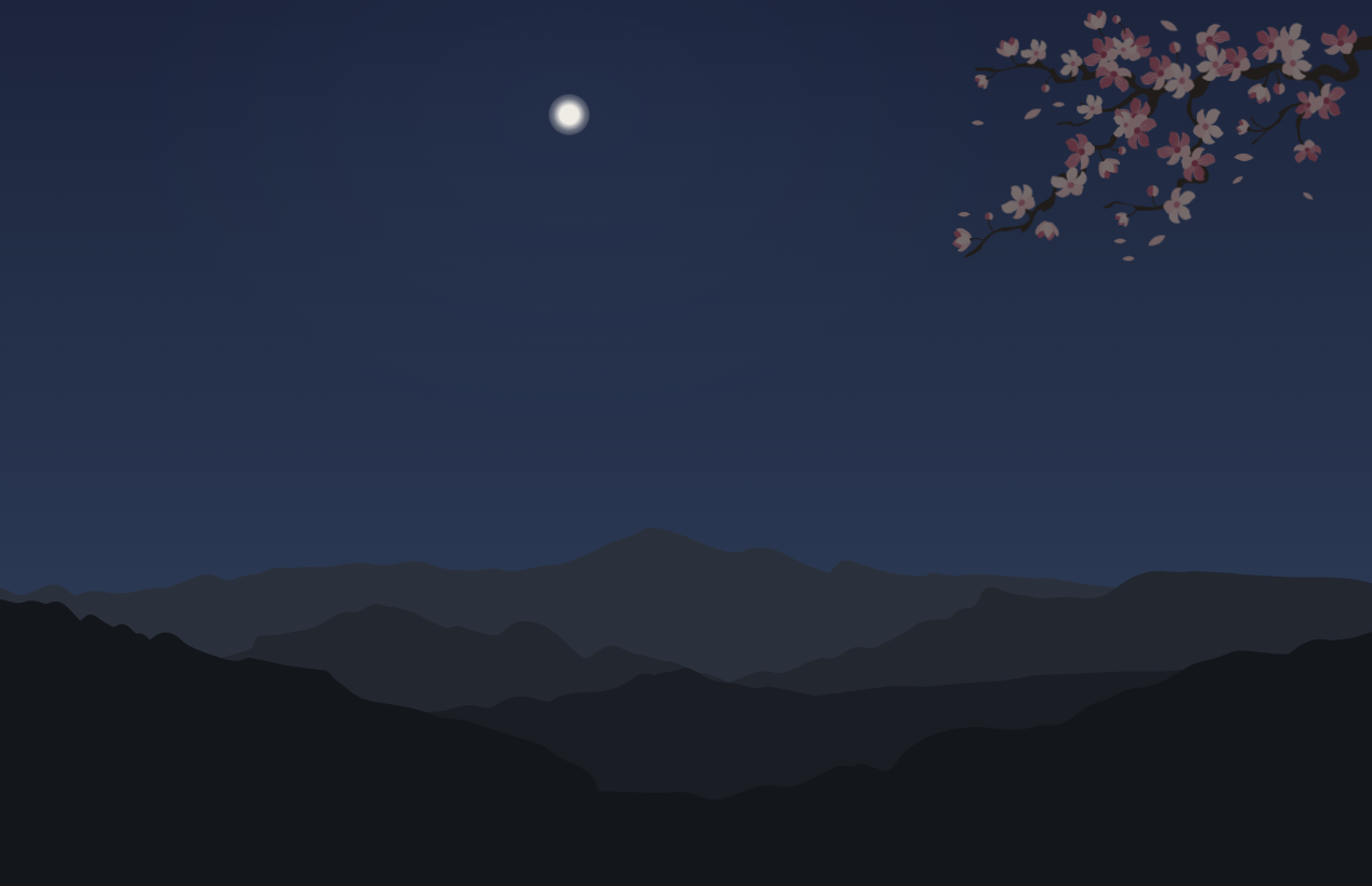 A moonlit night garden with layered mountains and a blossoming sakura branch.